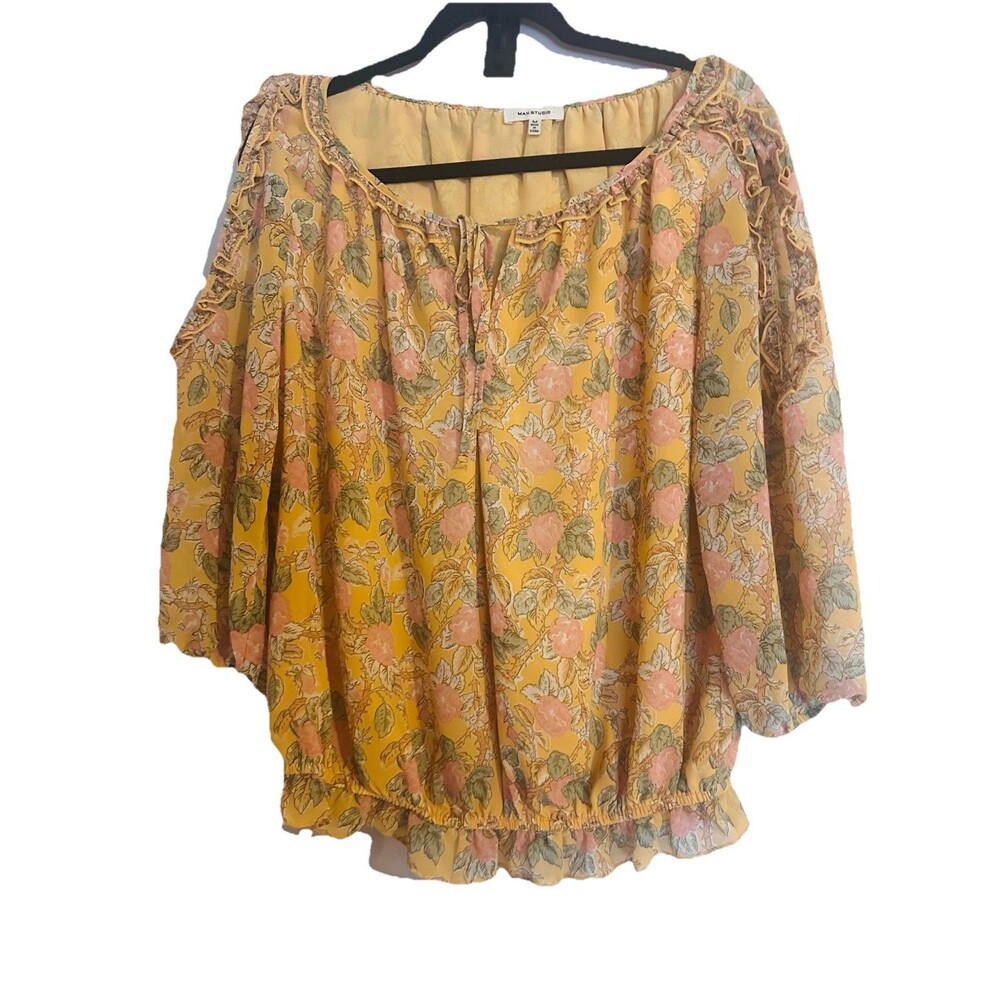 MAX STUDIO Women's Blouse Sz M Floral Yellow Sleeve Cold Shoulder Boho Tie